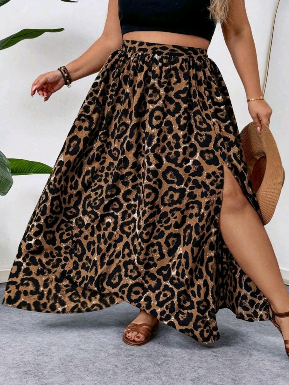 Leopard Print Brown Maxi Skirt with Side Slit